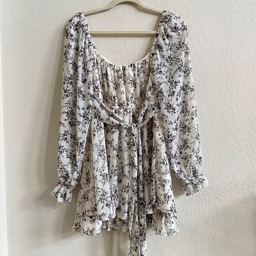 Thirty Thirty‎ LA Babydoll Mini Dress Floral White Black Prairie Ruffle Size L - Picture 8 of 12